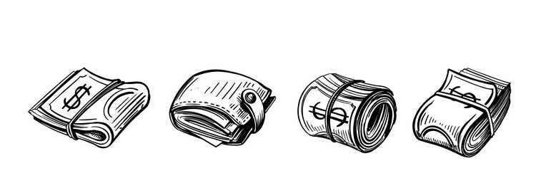 Hand drawn money banknotes and wallet in doodle vector