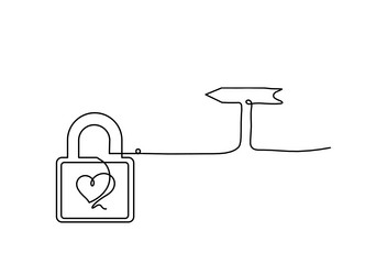 abstract heart-lock with arrow as continuous line vector