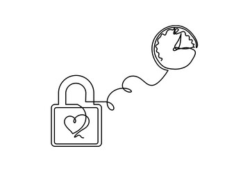 abstract heart-lock with clock as continuous line vector