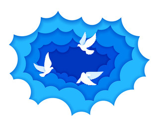 white pigeon dove paper cut birds in clouds Vector Image