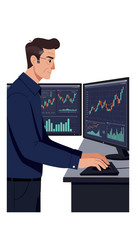 man analyzing financial data on dual computer vector image