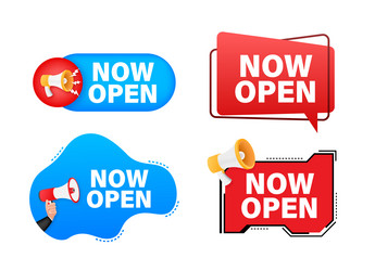 megaphone label set with text now open vector image