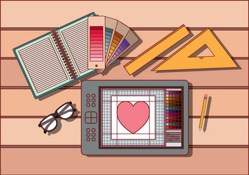 notebook and ruler tools tablet digitizer over vector image