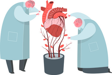 Doctors working on artificial heart growing flat vector