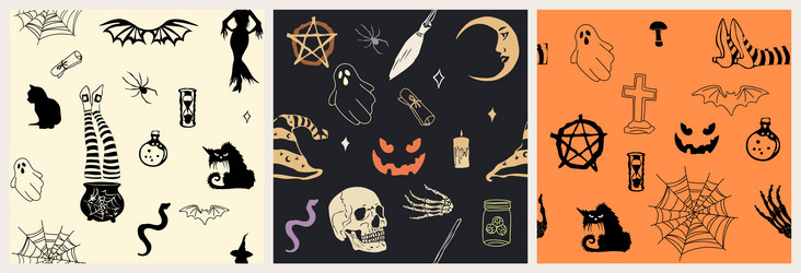 set of seamless patterns with halloween elements vector