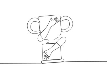 Single one line drawing of hands hugging trophy vector