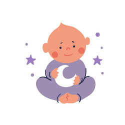 cute kid holds the moon in his hands flat cartoon vector