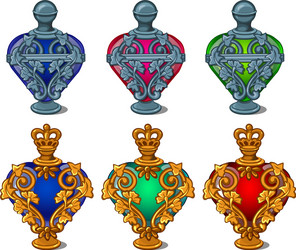 gold and silver perfume bottles in shape of heart vector