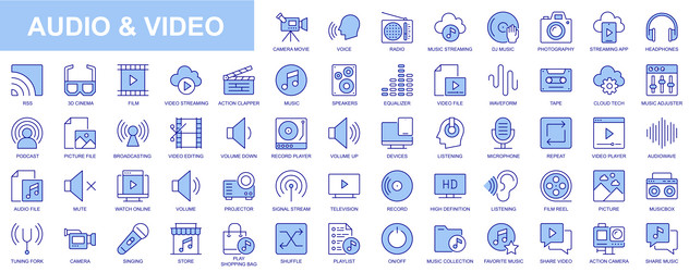 audio and video web icons set in blue line design vector image