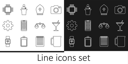 Set line coffee cup martini glass pope hat vector