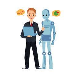 businessman and android robot looking at laptop vector