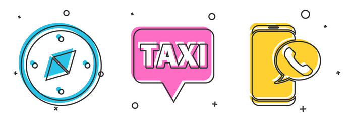 set compass map pointer with taxi and call vector image