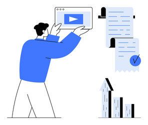 man presenting video content document and graph vector image