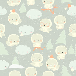 Seamless pattern with cute snowy owl on gray vector