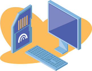 desktop computer screen with keyboard and micro sd vector image