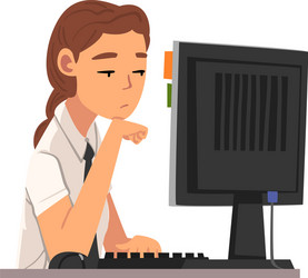 Bored young woman working with computer lazy vector