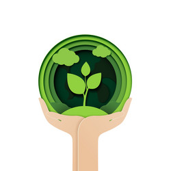 paper cut of hands holding plant sprout vector