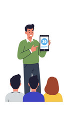 man teaching audience with tablet showing number vector image