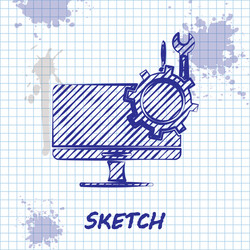 sketch line computer monitor with screwdriver vector image