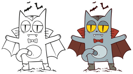 Cartoon halloween vampire cat in cape with bat vector