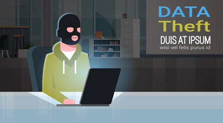 man black mask sitting at computer hacker activity vector image