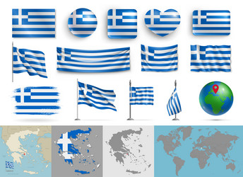 Greece flags of various shapes and country map set vector