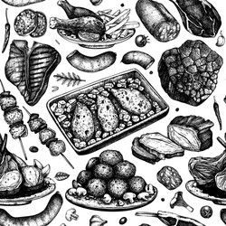 meat dishes seamless pattern hand drawn food vector