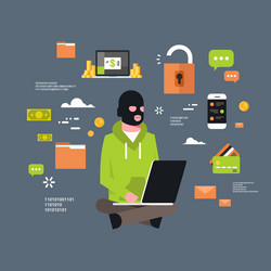 Man black mask sitting at computer hacker activity vector