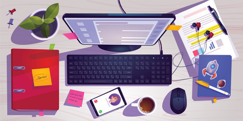 top view workspace with computer and phone vector