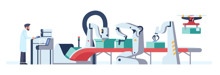 engineer uses computer to control assembly line vector image