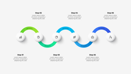 horizontal timeline with 6 circles and a curved vector image