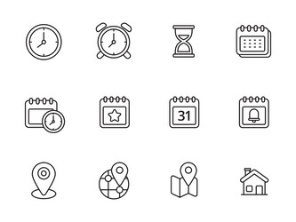 Set of time and location icons with linear style vector