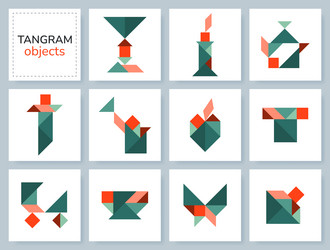 tangram puzzle set with various objects vector image