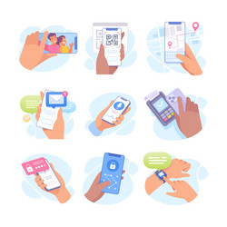 Hand with smartphone device use different app vector