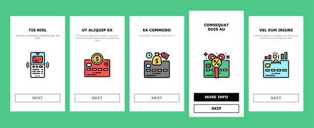 Plastic card payment onboarding icons set vector