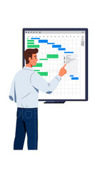 man pointing at project timeline chart on digital vector image