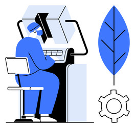engineer operating advanced machine with nature vector image