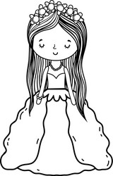 bride female cute cartoon black and white vector