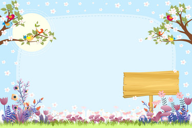 spring background with flower fields and cherry vector