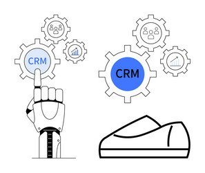 robot hand pointing to crm gear with analytics vector image