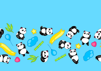 Seamless pattern with cute kawaii little pandas vector