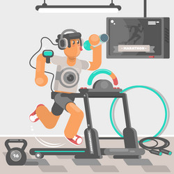 Man listening to music while running on treadmill vector