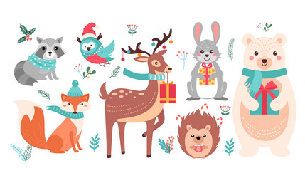 Cute Woodland Christmas Animals Vector Image