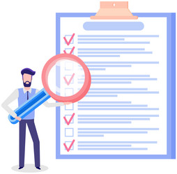 man studying to do list with magnifier person vector image