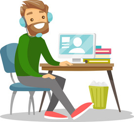 Man using headset and computer in call center vector