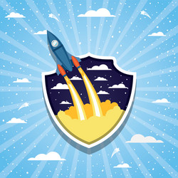 rocket over clouds and striped background design vector image