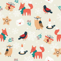 Christmas pattern with foxex owls birds vector