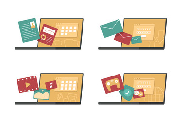 set of laptop computers with application symbols vector image