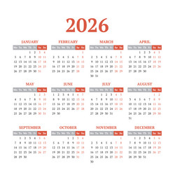 Simple calendar on 2026 start from sunday Vector Image