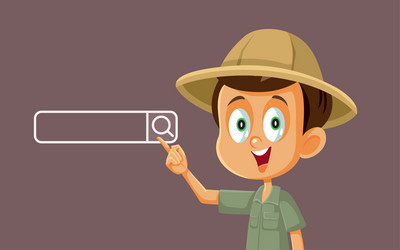 Boy wearing safari costume searching the internet vector